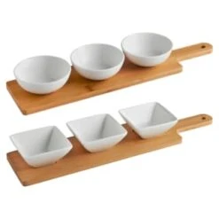 B&M Set Of 3 Serving Bowls With Bamboo Tray - Square -Coathr Shop 380368 3pk serving boards with bamboo tray main