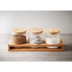 B&M Natural Home Glass Jars In Bamboo Stand 3pk -Coathr Shop 380530 3pk natural home glass jars in bamboo stand